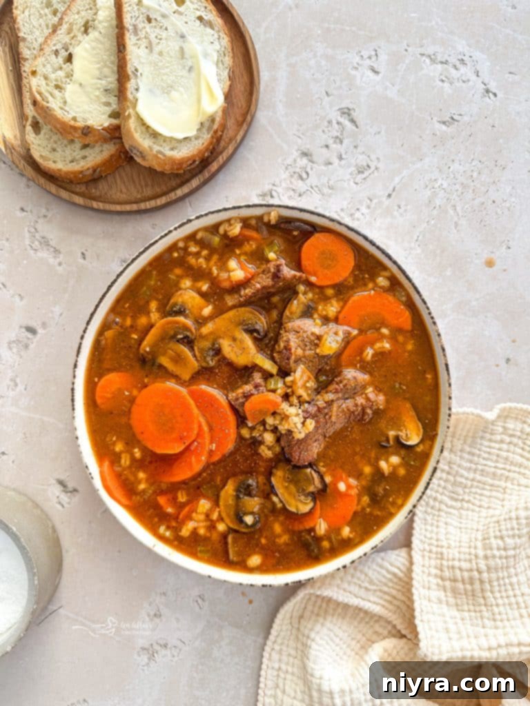 A bowl of Vegetable Beef Barley Soup with Mushrooms, served with a spoon and fresh herbs.