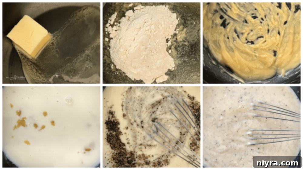 Step-by-step process of making white gravy: melting butter, adding flour to make a roux, and whisking in milk.