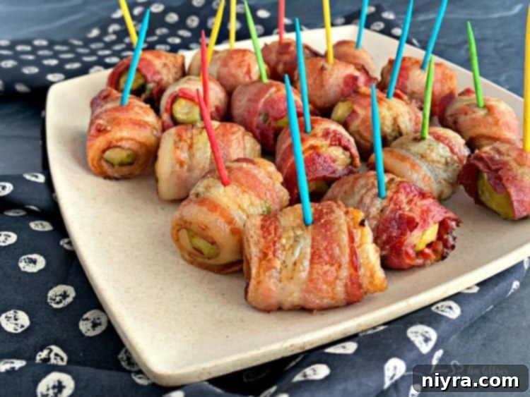 Bacon Wrapped Hot Brussels Sprouts close up, showcasing crispy bacon.