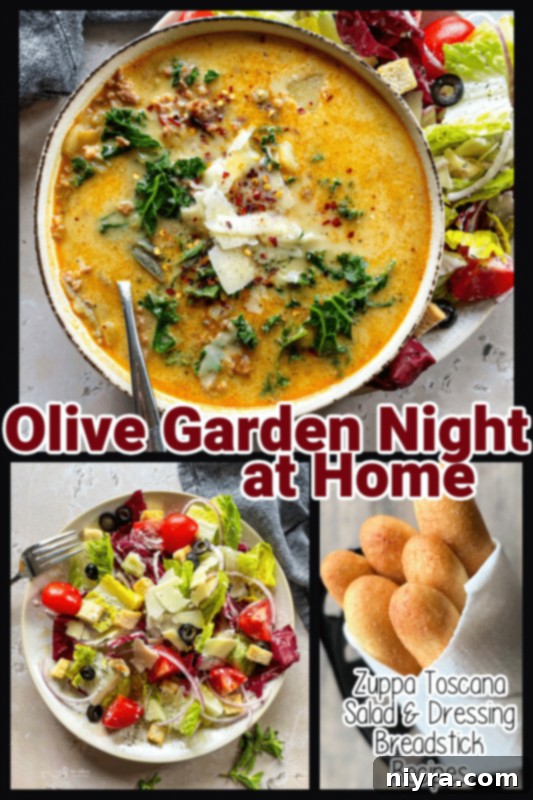 Olive Garden Night at home pinterest pin - soup, salad and breadsticks