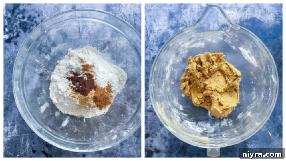Two separate bowls of cookie dough, one light for snickerdoodle and one darker for gingersnap, prepared and ready.