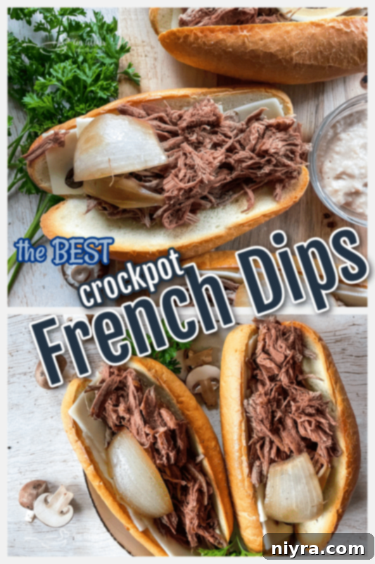 A graphic featuring delicious French Dip sandwiches, promoting saving the recipe for later.