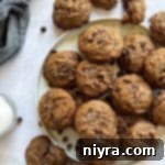 Overhead of a plateful of Malted Chocolate chip cookies