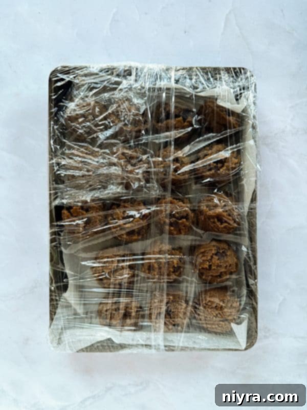 Malted Chocolate Chip Cookie dough covered with plastic wrap, ready for chilling