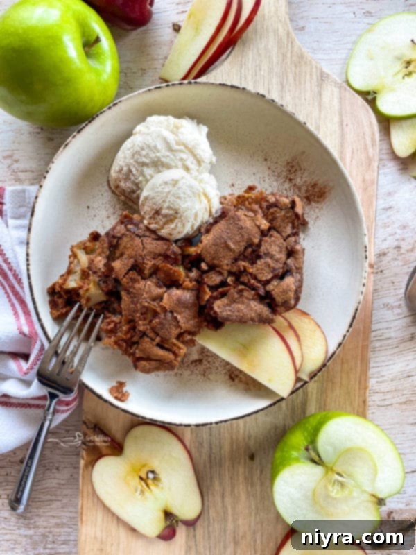 top view of fresh apple cake with apple slices and ice cream in white bowl