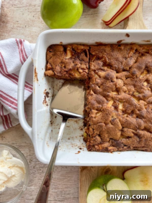 cooked apple cake in white pan