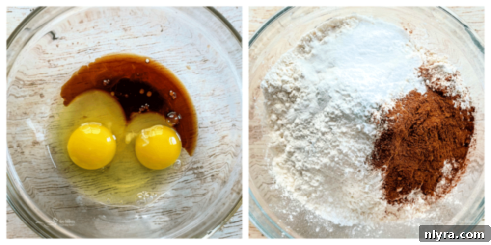 eggs with vanilla and dry ingredients in other bowl