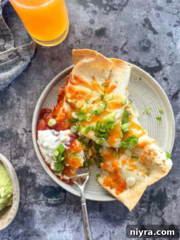 Freshly baked brunch enchiladas with ham, garnished with cilantro and served directly from the baking dish.
