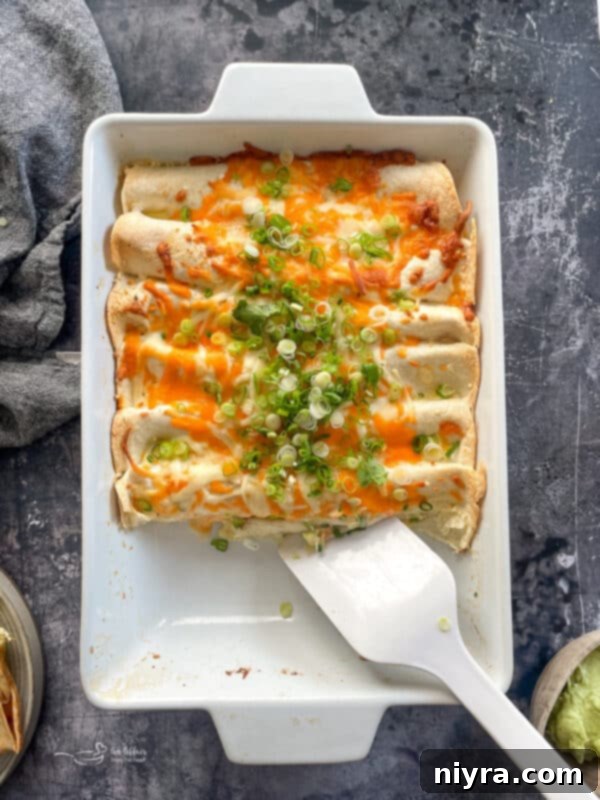A close-up of a platter of freshly baked Brunch Enchiladas with Ham, garnished with green onions and ready to serve.
