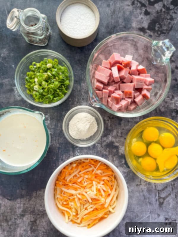 A full baking dish of delicious ham and cheese enchiladas, topped with green onions and ready for the oven.