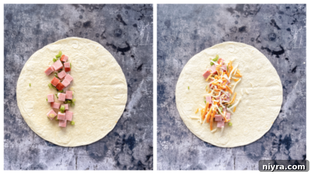 A close-up shot of the ham and green onion filling being added to a tortilla before rolling.