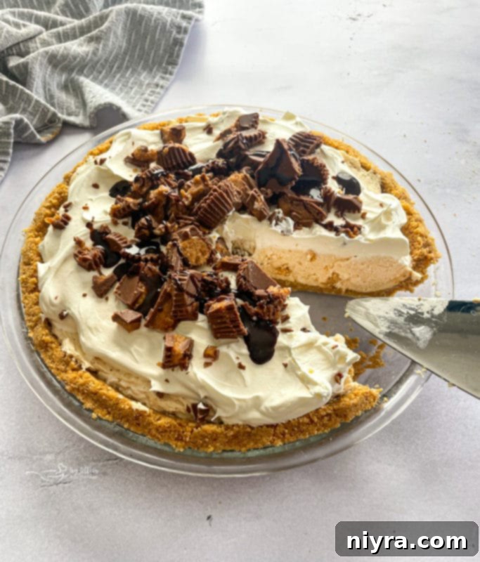 Whole No-Bake Peanut Butter Pie with One Slice Removed