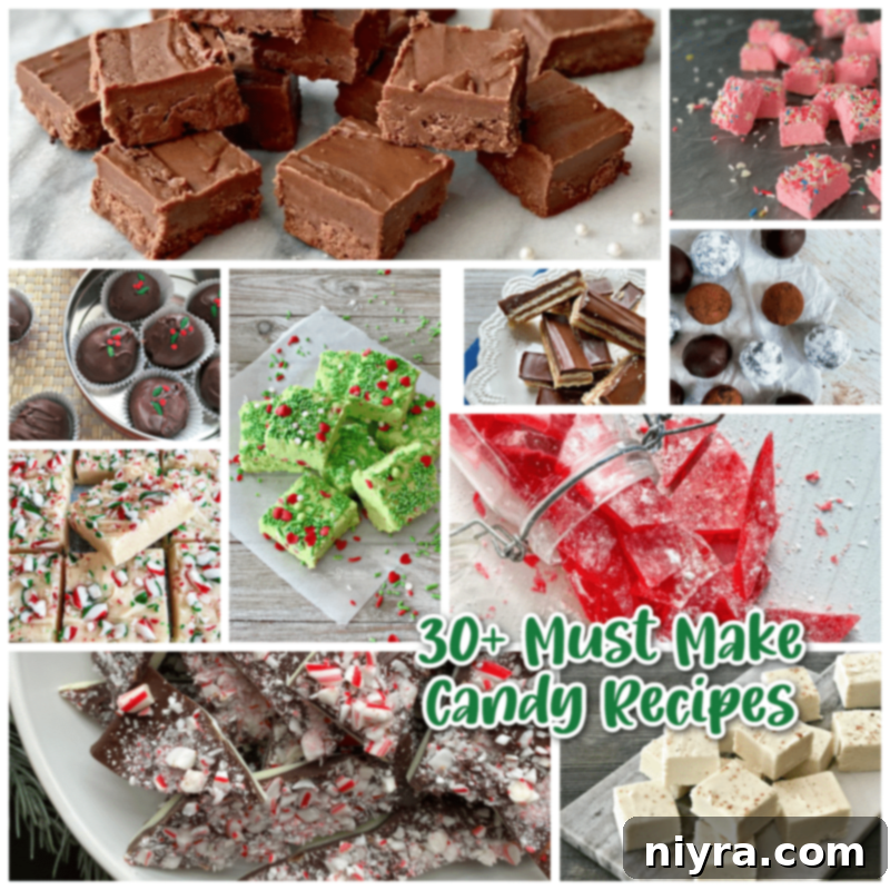 A festive collage of various holiday candy recipes, including chocolates, fudges, and colorful hard candies, enticing viewers with the promise of diverse homemade treats.