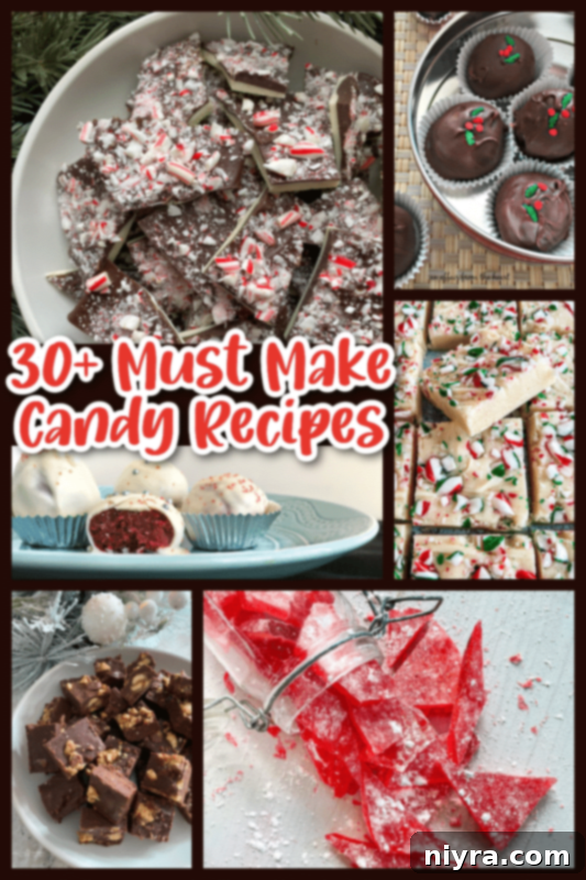 A vibrant collage showcasing a diverse range of holiday candy recipes, including various chocolates, fudges, and colorful confections.