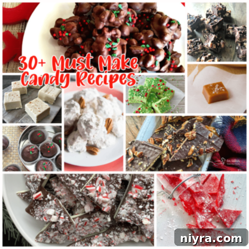 A festive holiday candy recipe collection graphic featuring various homemade treats and a cheerful design.