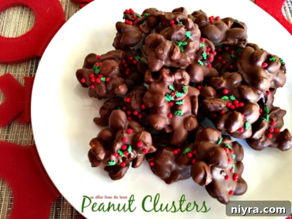 An inviting overhead shot of delicious Peanut Clusters arranged on a pristine white plate, accompanied by text reading "peanut clusters".