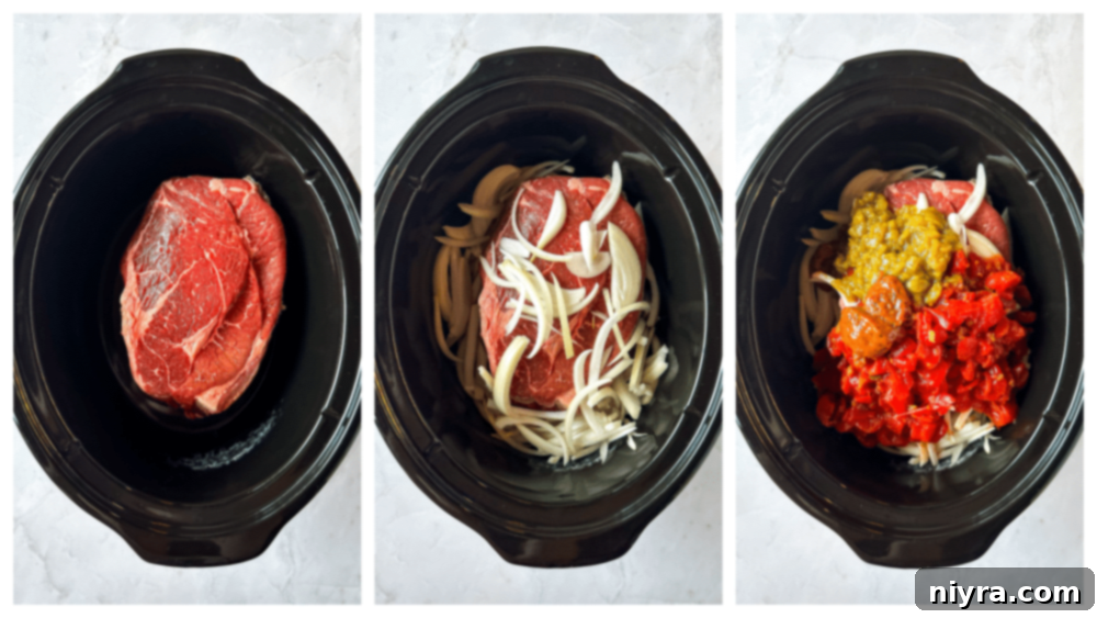 All the ingredients for Crock Pot Shredded Beef Burritos – chuck roast, Rotel, green chilies, onion, and bouillon – placed directly into a slow cooker before cooking.