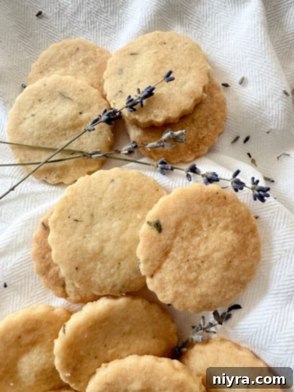 Lavender Shortbread and Lavender Strawberry Dream 2 Close-up of heart-shaped lavender shortbread cookies on a white plate with fresh lavender sprigs.