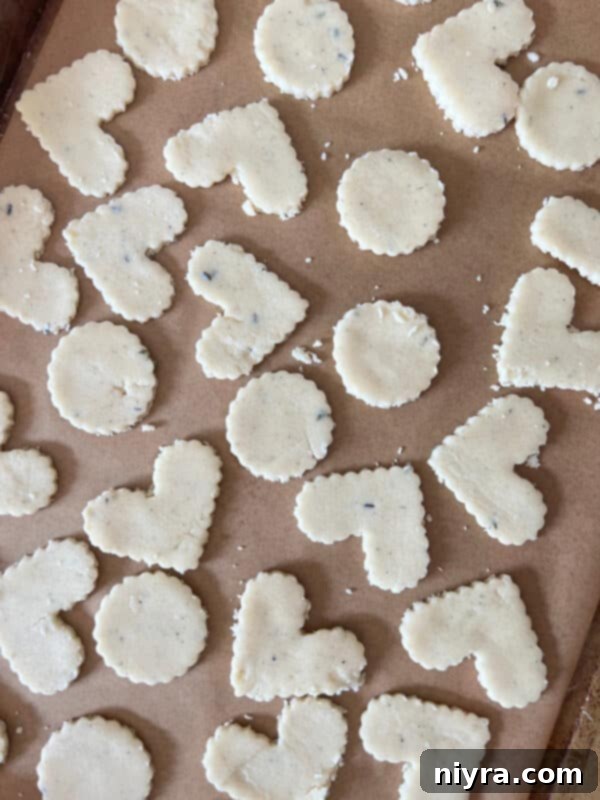 Lavender Shortbread and Lavender Strawberry Dream 16 Various shapes of shortbread cookies, including hearts and squares, laid out on a baking sheet.