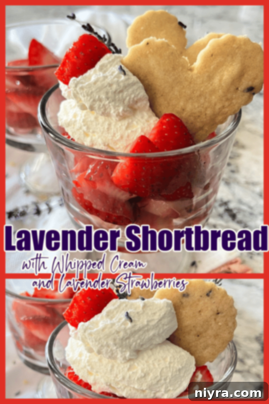Lavender Shortbread and Lavender Strawberry Dream 23 Pinterest graphic: Lavender Shortbread with Whipped Cream & Lavender Strawberries