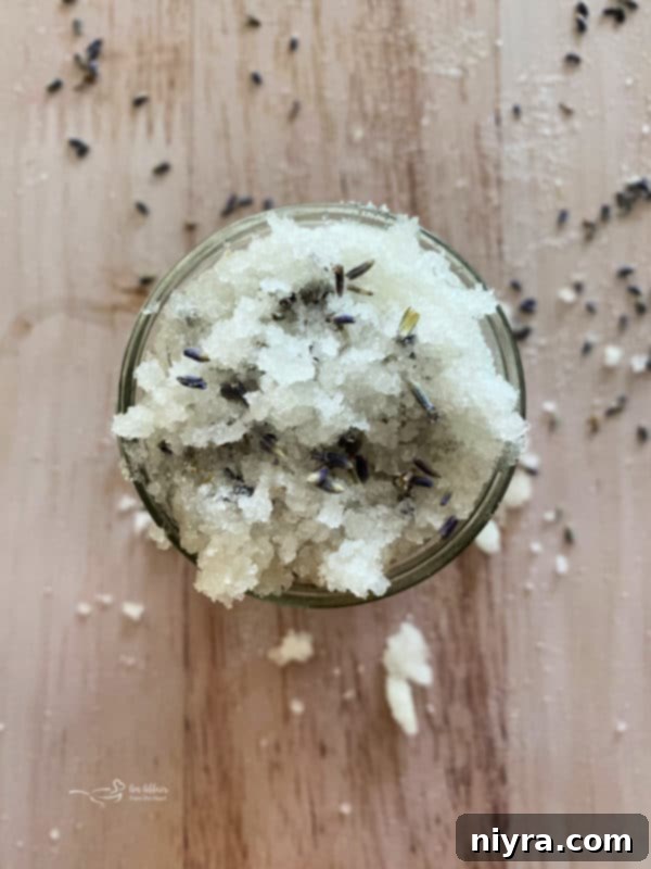 Lavender Shortbread and Lavender Strawberry Dream 24 Overhead shot of a lavender sugar scrub in a jar with fresh lavender sprigs.