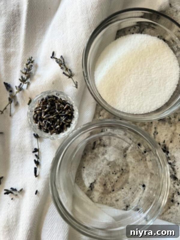 Lavender Shortbread and Lavender Strawberry Dream 9 A small glass jar filled with amber-colored lavender syrup, with dried lavender flowers in the background.