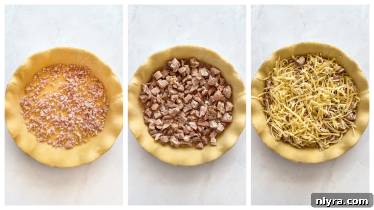 Chopped shallots placed in the pie crust.