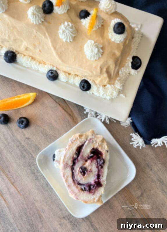 Delicious Blueberry Orange Angel Food Cake Roll garnished with fresh fruit and whipped cream on a white serving platter