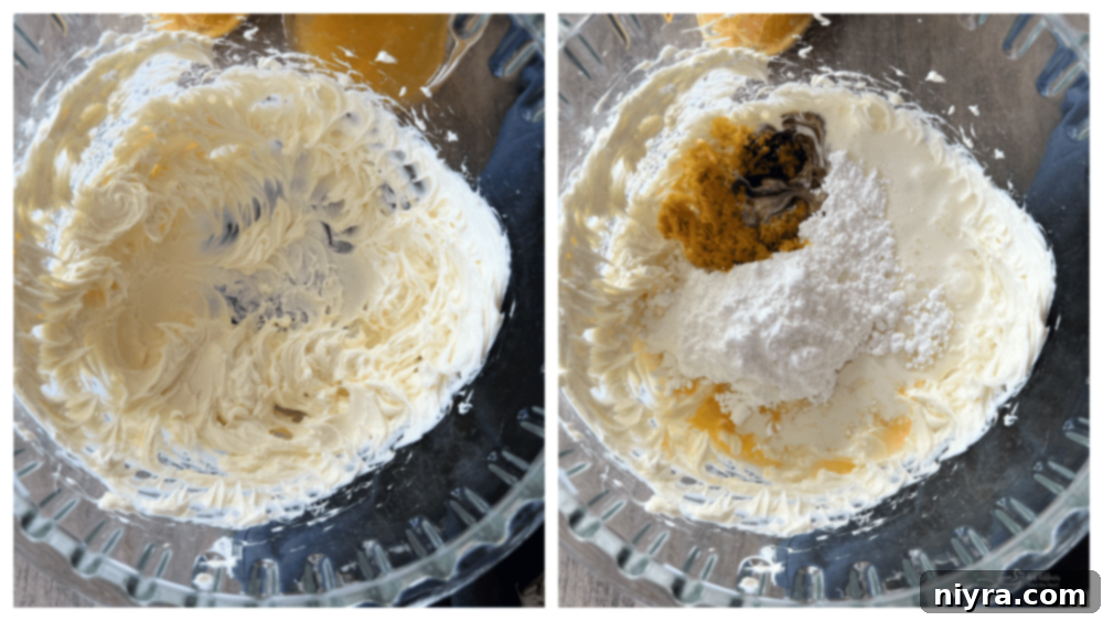 Process of preparing the orange cream cheese filling, showing ingredients being mixed