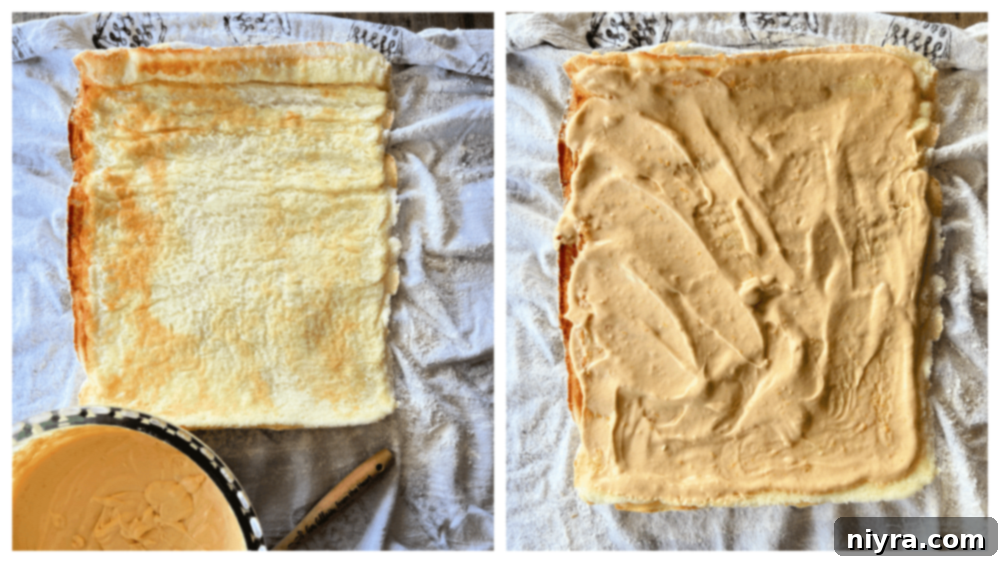 Close up of orange cream cheese filling being mixed until smooth and thick