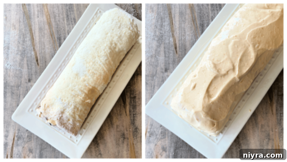 Re-rolling the filled Angel Food Cake back into a log shape on a serving platter