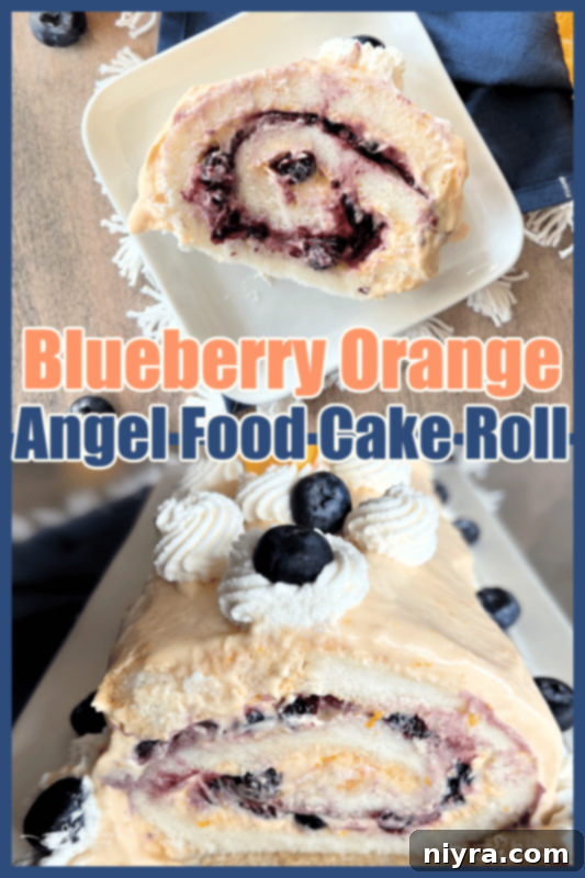 Close up of a perfectly sliced piece of Blueberry Orange Angel Food Cake Roll, showing the defined layers of cake, blueberry, and orange cream