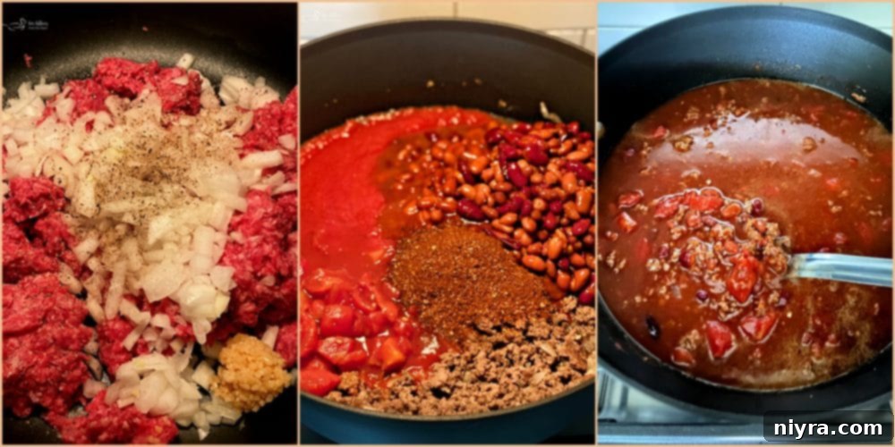 A collage showing the preparation steps for Three Bean Chili, including browning ground beef and assembling ingredients.