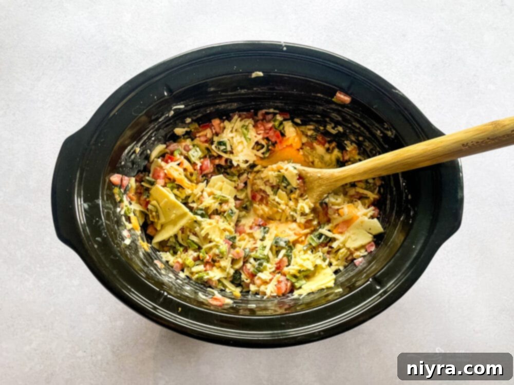 All ingredients for the queso are combined in the slow cooker and stirred