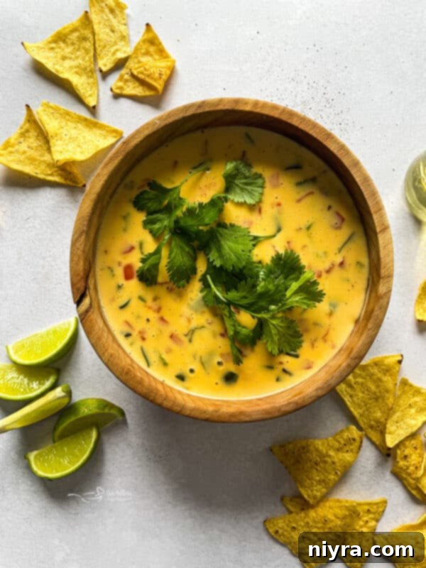 Melted queso in a slow cooker, stirred and ready to serve