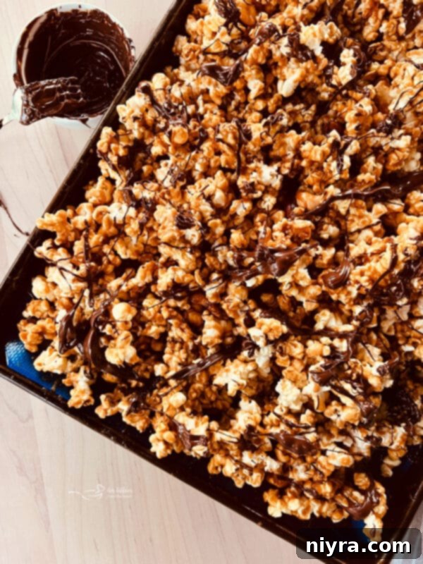 Ultimate Homemade Caramel Chocolate Nut Popcorn 17 Fully baked Moose Munch Popcorn with chocolate drizzled over it