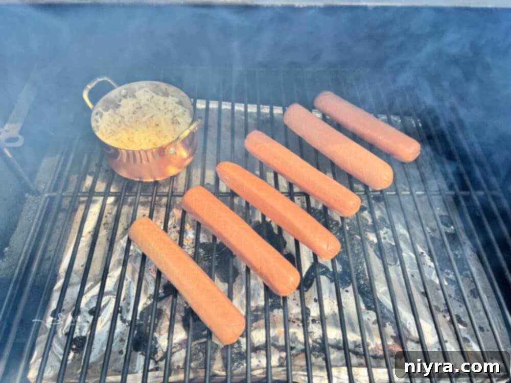 Smoky Dogs with Zesty Kraut 12 Hot dogs and sauerkraut in a smoker