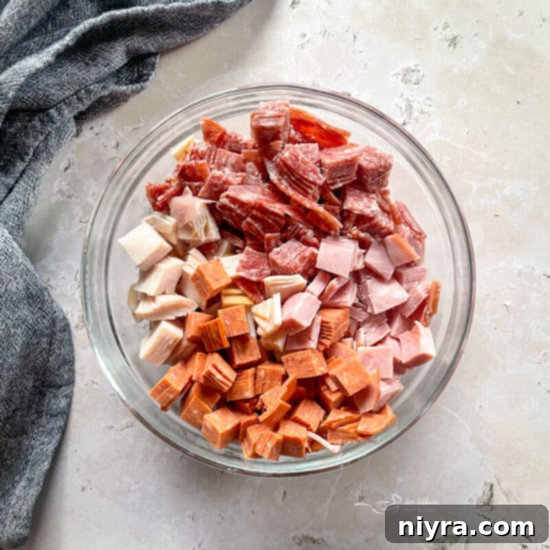 Chopped deli meats and cheese for salad