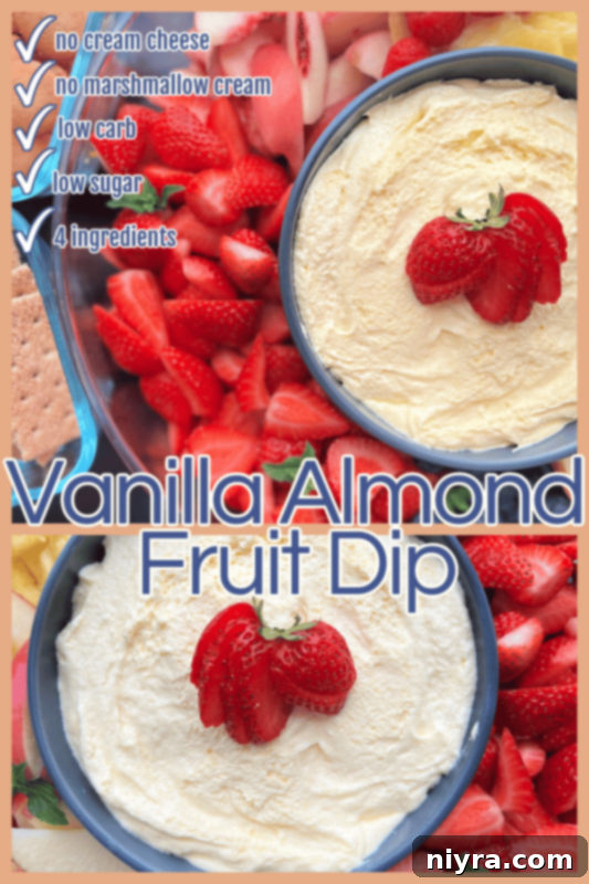 Text overlay on a fruit dip image: 'Love it? Pin it!', encouraging users to save the recipe on Pinterest.