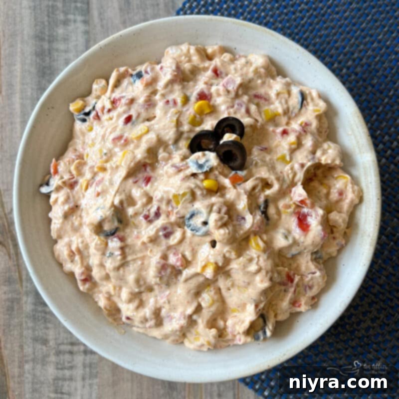Top down view of Fiesta Corn Dip in a white bowl with a spoon