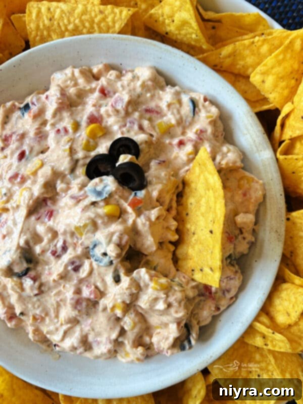 Fiesta Corn Dip in a white bowl with a festive backdrop