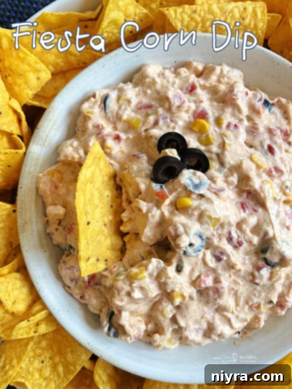 Fiesta Corn Dip in a white bowl with a spoon, overhead shot