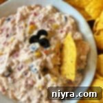 Fiesta Corn Dip white bowl with tortilla chips around it