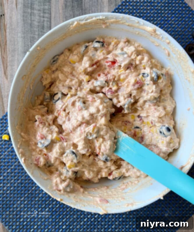 Finished Fiesta Corn Dip in a serving bowl