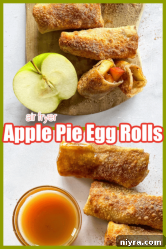 Air Fryer Apple Pie Egg Rolls with powdered sugar and caramel sauce