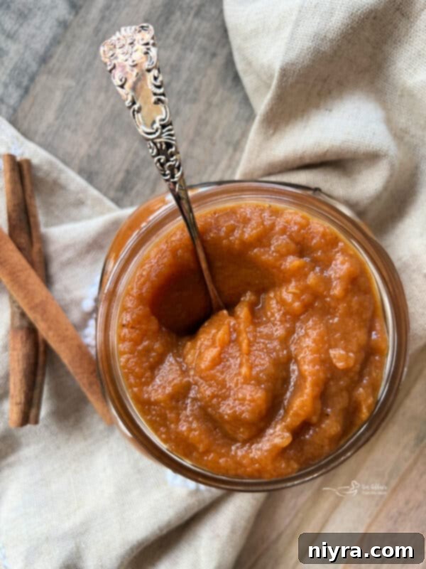 Close-up of Instant Pot Pumpkin Applesauce in a glass jar