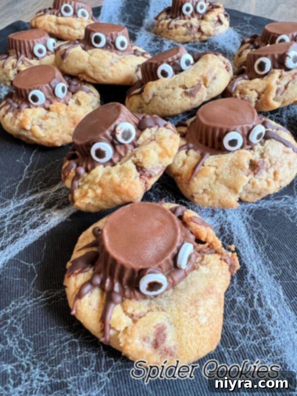 A large plate of Halloween Spider Cookies, with a Reese's Peanut Butter Cup spider on each cookie.