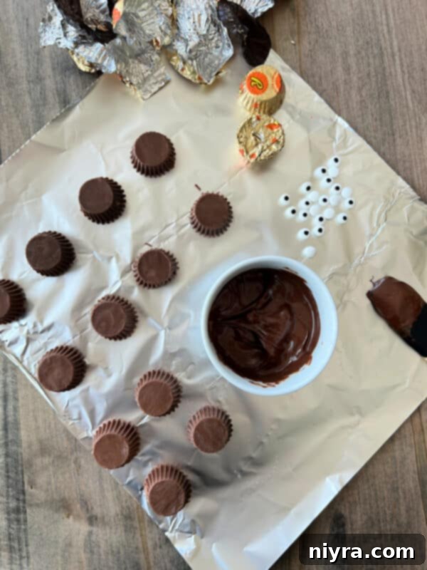 Melted chocolate chips in a bowl, ready for dipping candy eyeballs.