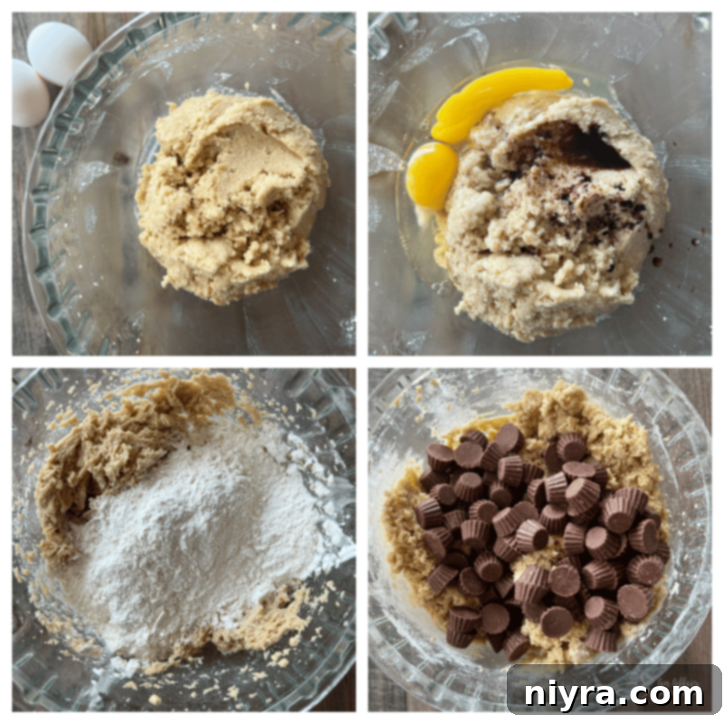 Mixing cookie dough ingredients in a large bowl with an electric mixer.