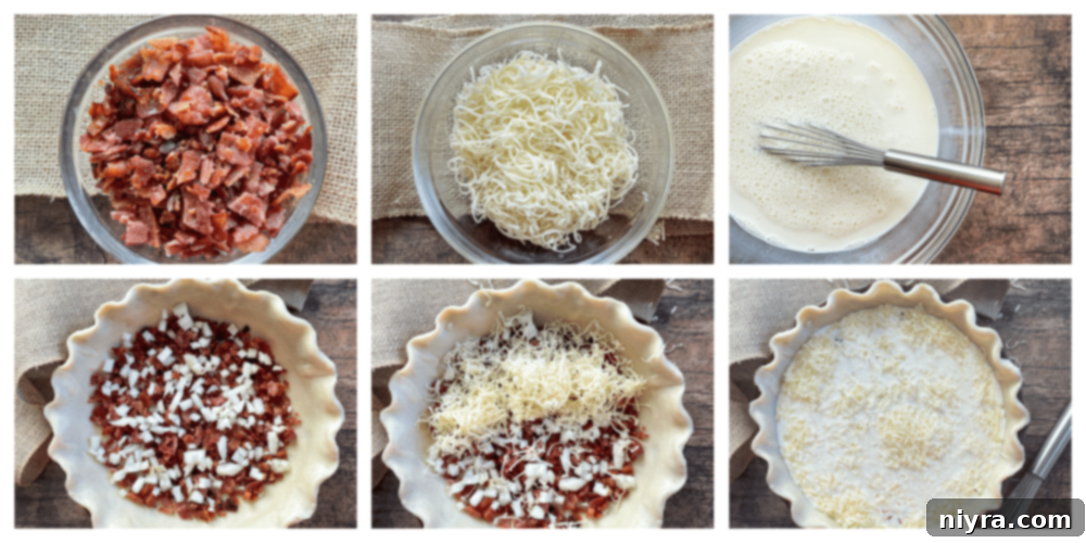 Ingredients for quiche being added to a pie crust, showing crumbled bacon, minced onion, and shredded Swiss cheese.